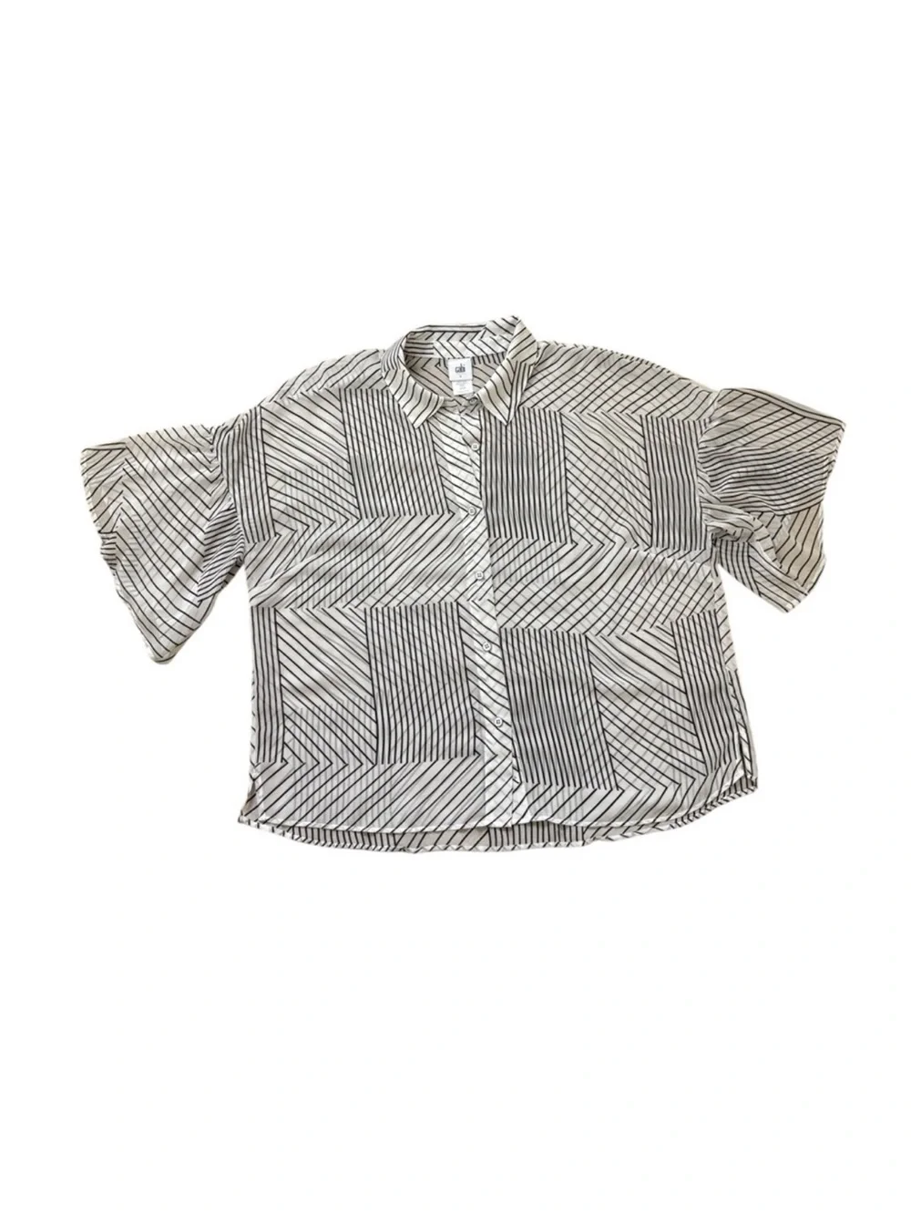 CABi contemporary white black striped button down blouse bell sleeve size large - Picture 9 of 13